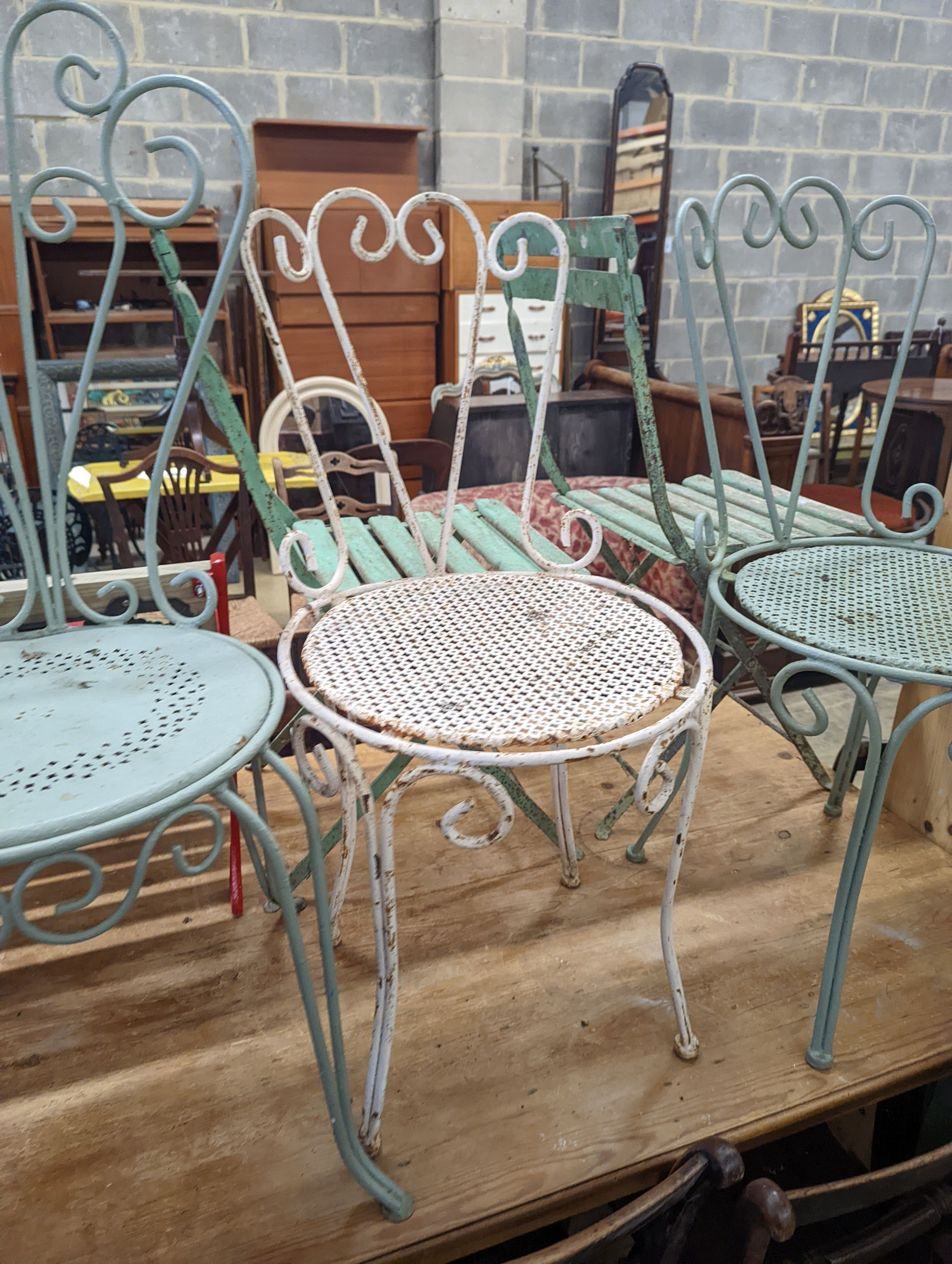Six painted metal garden chairs